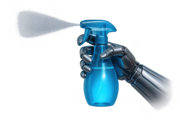 Cyborg hand gripping a vibrant blue spray bottle, dispensing a fine mist, symbolizing advanced automation, hygiene, and smart home concepts