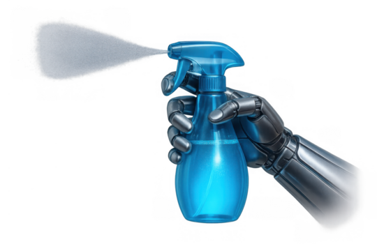 Cyborg hand gripping a vibrant blue spray bottle, dispensing a fine mist, symbolizing advanced automation, hygiene, and smart home concepts - Powered by Adobe