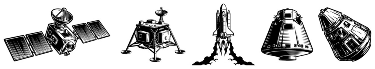 Collection of Hand Drawn Vector Space Exploration Vehicles featuring Satellite Shuttle and Lunar Lander
