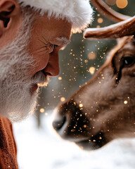 A heartwarming scene of Santa Claus and a reindeer connecting in a winter wonderland filled with sparkling lights and a serene snowy backdrop, symbolizing joy and wonder.