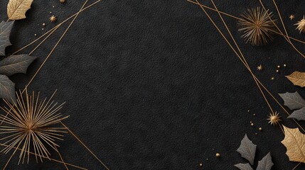 Minimalist luxury Christmas background with matte black and golden geometric lines and decorations