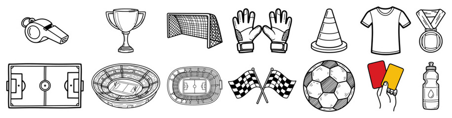 Hand Drawn Set of Soccer Sport Icons and Football Equipment