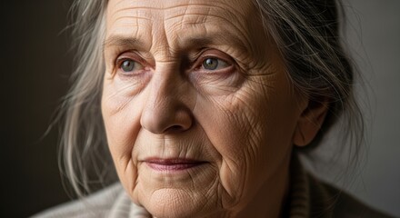 Close up portrait of elderly woman with gentle expression reflecting wisdom and life experience