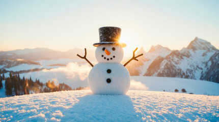 Obraz premium Happy snowman in a top hat on a snowy mountain at sunrise