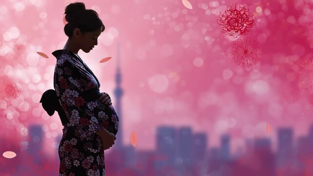 桜が舞う中で大きなお腹を愛おしそうに抱える着物姿の妊婦のシルエット