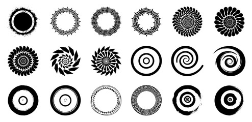 Collection of Decorative Circular Symbols Including Spirals Sun Shapes and Grunge Brush Strokes