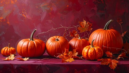 Still-life composition of vibrant orange gourds and fallen autumnal leaves, arranged against a rich, burgundy textured background