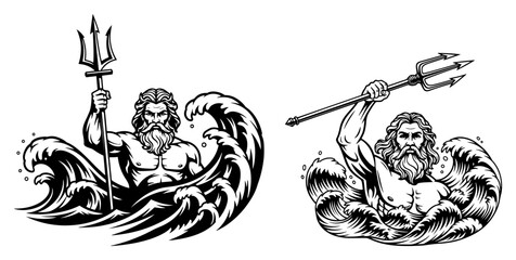 Hand Drawn Vector Illustration of Greek God Poseidon with Trident Emerging from Sea Waves © Tomas