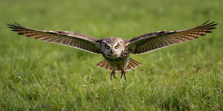 A hunting owl flying low toward its prey with wings wide open.