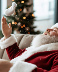 A delightful image of Santa Claus playfully tossing a gift into the air, surrounded by a cozy indoor setting, embodying the joy of the holiday spirit and festive excitement.