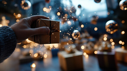 An inviting image showcasing a hand holding a beautifully wrapped gift amidst festive decorations and twinkling lights, encapsulating the spirit of giving and joy during the holidays.