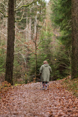 Fototapeta premium Elderly woman hiking alone on a misty woodland path in late fall.