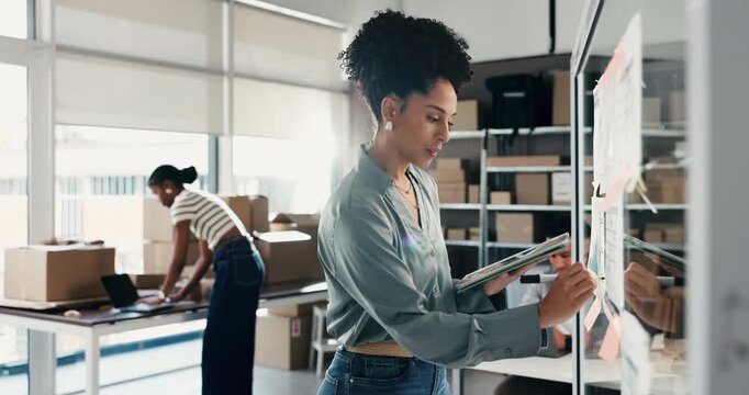 Tablet, woman or writing on glass board in logistics for stock control, delivery schedule or KPI stats. Shipping, staff or tech with chart in small business for inventory update or demand forecasting