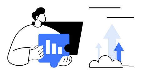 Individual holding a bar graph piece with growth chart, arrows rising from a cloud. Ideal for progress, analytics, business growth, strategy, goals, data trends success. Simple flat metaphor