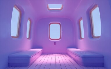 A minimalist, pastel-lit interior with two benches, windows, and an overhead skylight