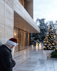 This image features Santa Claus standing near a modern building, surrounded by festive Christmas decorations, creating a serene holiday atmosphere during dusk.