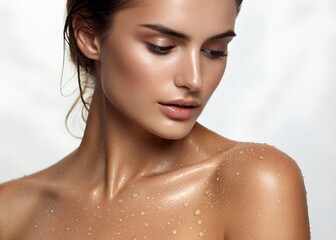 Close-up of tender female body with water drops. Elegance, tenderness and femininity. Female skin with shiver. Beauty. Body art, aesthetics, skin and body care, sensuality concept. Banner, wallpaper