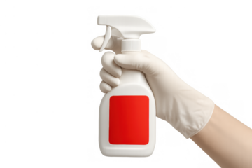 Gloved hand holding cleaning spray bottle with empty red label, preparing for disinfection and hygiene on transparent background