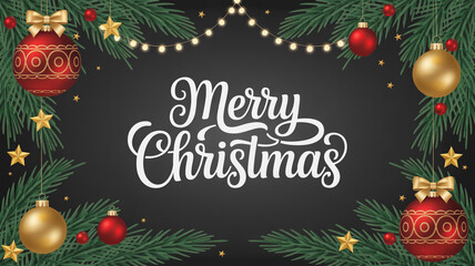 Festive merry christmas background with ornaments and pine branches decoration