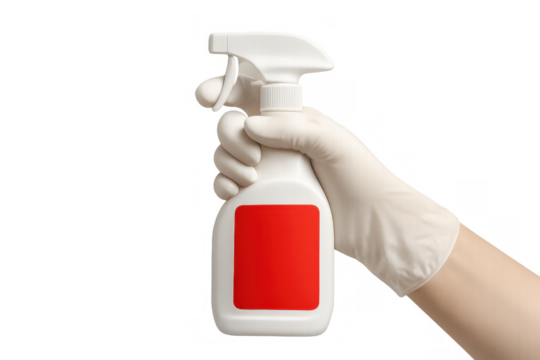 Gloved hand holding cleaning spray bottle with empty red label, preparing for disinfection and hygiene on transparent background