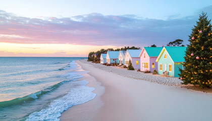 Tropical landscape of colorful beach huts along the sandy shore at sunset under a bright blue sky