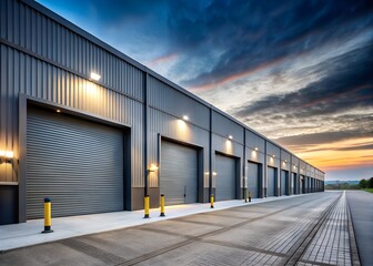 Long modern industrial building with dark grey roller shutter doors at dusk. Wet asphalt ground reflects bright security lights. New warehouse, factory, distribution center property stands ready