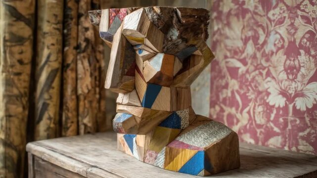 A wooden sculpture in the form of a human face with multiple colored wooden elements