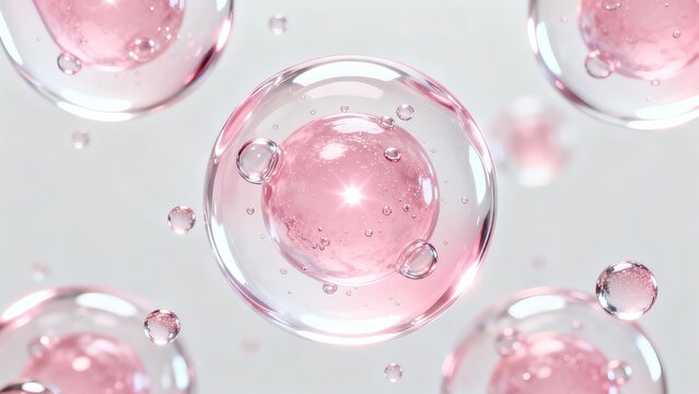 Close Up of Pink Glowing Serum Droplets in Glass Spheres on White Background