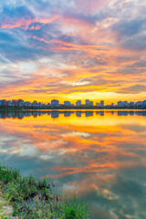 Cau Giay Park Lake Sunset, Hanoi Skyline Reflection