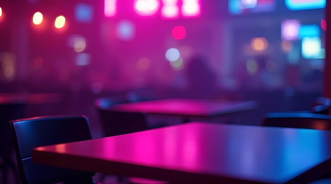 Empty table in lounge area futuristic interior of nightclub, bar in purple and blue neon lights with space for text, logo or product display