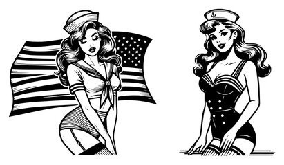 Retro Hand Drawn Vector Pin Up Girls in Sailor Outfits with American Flag
