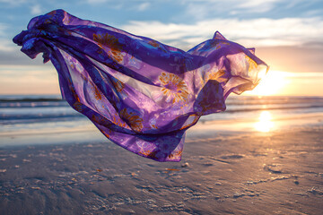 purple metallic fabric reflecting sunset tones flowing in the wind on an empty beach at dusk