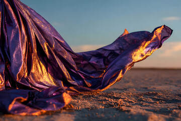purple metallic fabric reflecting sunset tones flowing in the wind on an empty beach at dusk