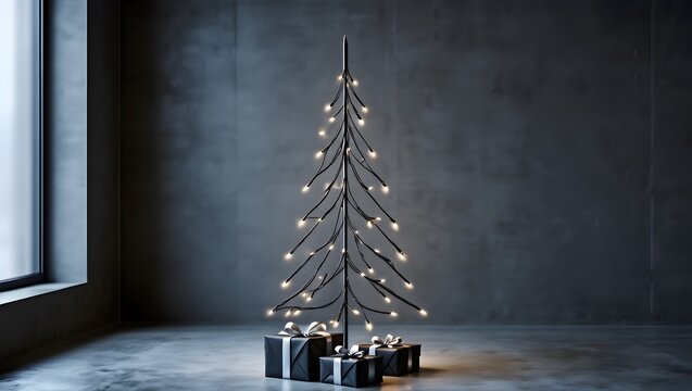 Modern minimalist christmas tree with fairy lights and gifts in dark room