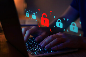 cyber attack or security breach, online crime concept with open padlock icon, hacker attack on internet, compromised password