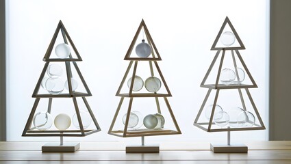 Three modern geometric christmas trees with glass ornaments