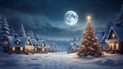 Snowy village landscape with Christmas tree, houses and a full moon at night - Powered by Adobe