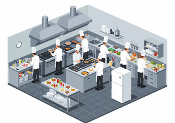 Isometric view of a bustling professional kitchen, where a team of skilled chefs efficiently prepares diverse gourmet dishes in a modern culinary setting