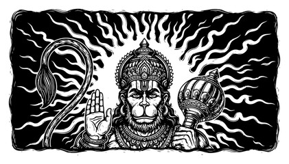 Artistic Hand Drawn Vector Woodcut Illustration of Hindu God Hanuman Holding Mace