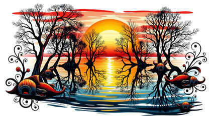illustration of tree reflection in water at sunset