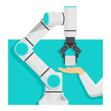 Cobot robotic arm working with human hand in collaboration