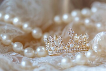 Gold crown with diamonds and pearls on lace fabric