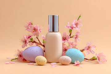 cosmetic bottle surrounded by pastel eggs and blossoms on a clean beige backdrop for soft spring styling