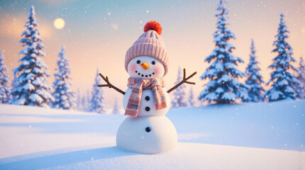 Obraz premium Charming snowman wearing a hat and scarf in a snowy winter forest
