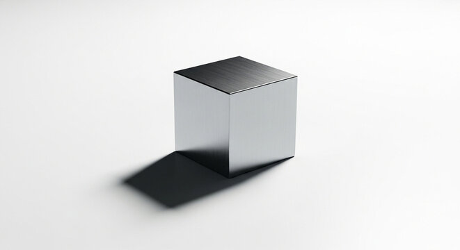 A minimalist conceptual image of data privacy featuring a solitary, monolithic metallic block resting on a vast, empty white floor, creating a sharp shadow, rendered with graphic minimalism
