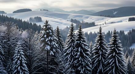 Snow covered pine trees in a winter wonderland scene