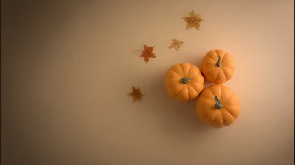 Thanksgiving autumn composition with orange pumpkins, dry leaves on beige background, fall harvest festival, cozy seasonal decor, traditional autumn holiday, warm color palette, festive autumnal scene