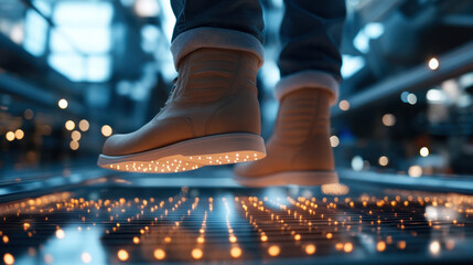 A close-up view of stylish illuminated boots in motion, featuring a vibrant display of colorful lights, combining modern fashion with an energetic urban vibe and innovation.