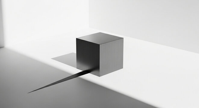 A minimalist conceptual image of data privacy featuring a solitary, monolithic metallic block resting on a vast, empty white floor, creating a sharp shadow, rendered with graphic minimalism