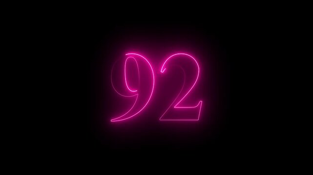 neon glowing text 92 number countdown icon on black background 4k animation. Neon number 92 with alpha channel.